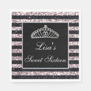 Serviette En Papier Élégant Chic Parties scintillant rose noire Tiara