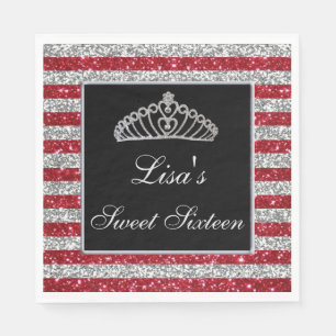 Serviette En Papier Elégant Chic Rouge Parties scintillant Argent Tiar