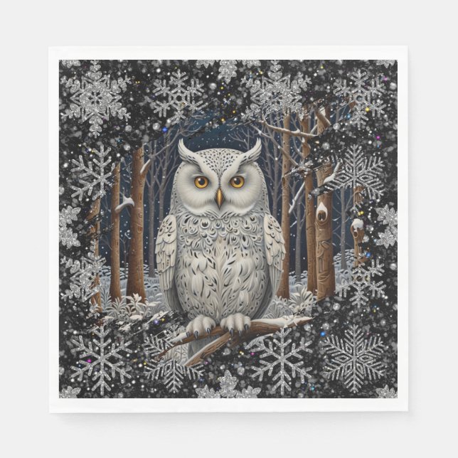 Serviette En Papier Elegant Christmas white owl woodland winter forest (Devant)