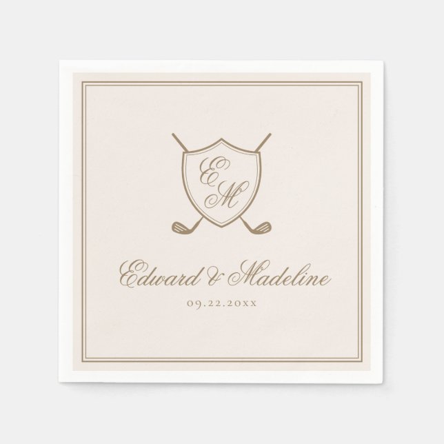 Serviette En Papier Élégant Classic Crest Monogram Mariage de golf (Devant)