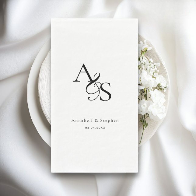 Serviette En Papier Élégant, Classique, Monogramme, Blanc, Mariage (Elegant, Classic, Monogram, Wedding Paper Guest Towels, Napkins. White+BLACK)