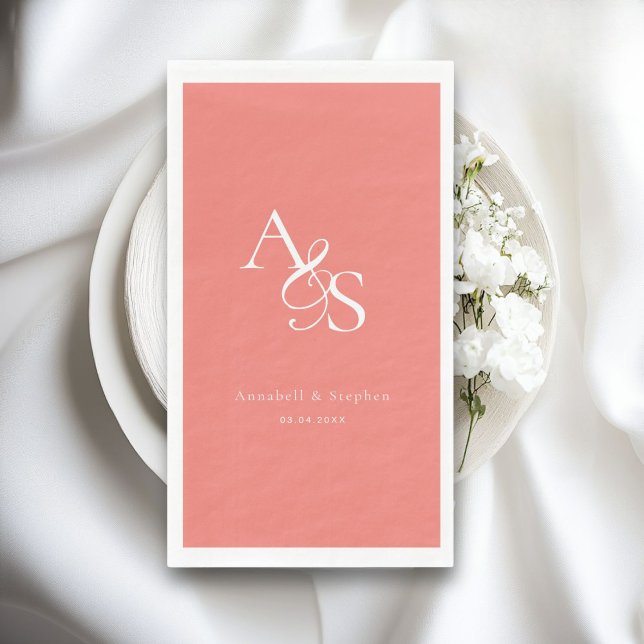 Serviette En Papier Élégant, Classique, Monogramme, Corail, Mariage (Elegant, Classic, Monogram, Wedding Paper Guest Towels, Napkins. Coral)