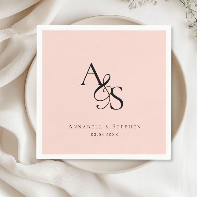 Serviette En Papier Élégant, Classique, Monogramme, Rose-Bleu, Mariage (Elegant, Classic, Monogram, Blush-Pink, Wedding Napkin with your name and date.)