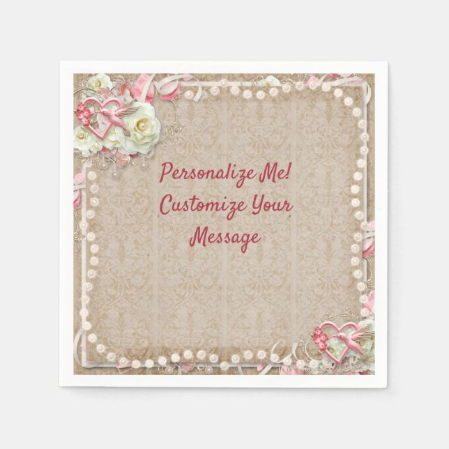 Serviette En Papier Elégant Colibri Romantique Roses Blanches Perles (Devant)