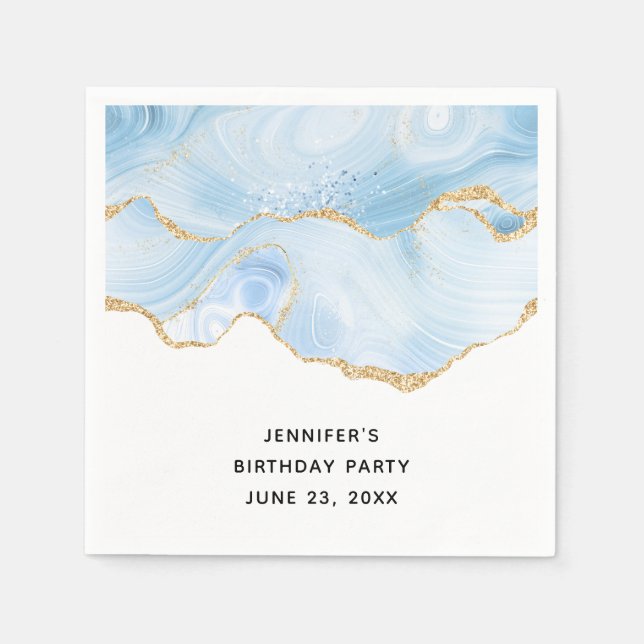 Serviette En Papier Élégant Cool Bleu Agate et Parties scintillant Or  (Devant)