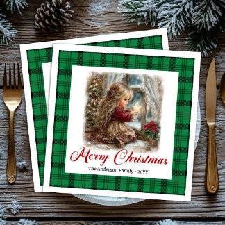 Serviette En Papier Elegant Cozy Christmas Scene Family Name Napkins