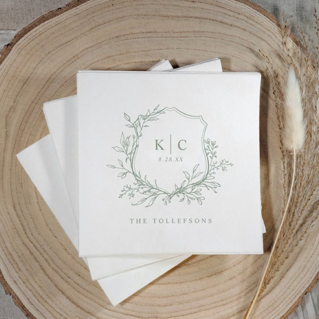 Serviette En Papier Elegant Crest Sage Green Wedding Logo (Elegant sage green wedding logo napkins with classic crest, initials, and simple traditional design)