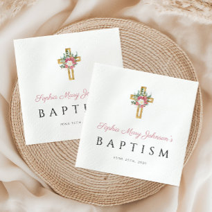 Serviette En Papier Élégant culte Croix rose florale fille Baptême