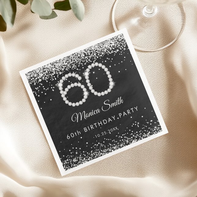 Serviette En Papier Elégant Diamants d'argent 60e fête d'anniversaire (Créateur téléchargé)
