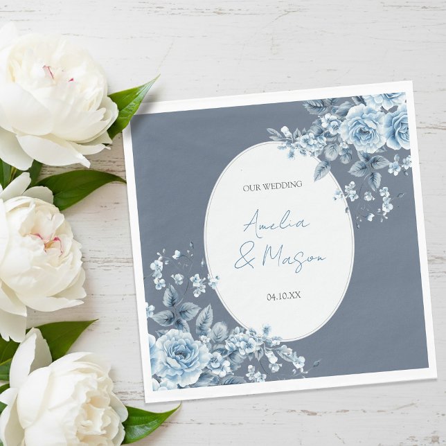 Serviette En Papier Elegant Dusty Blue Floral Script Wedding  (Elegant Dusty Blue Floral Script Wedding Napkins)