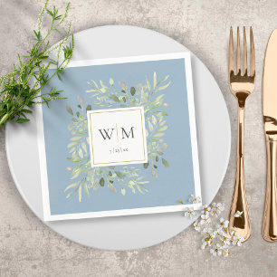 Serviette En Papier Elegant Dusty Blue Greenery Gold Monogram