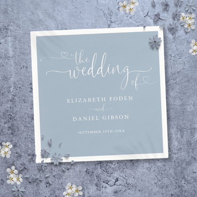 Serviette En Papier Élégant Dusty Blue Heart Mariage de script (Elegant Dusty Blue Heart Script Wedding Napkins)