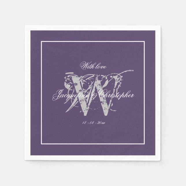 Serviette En Papier Élégant Dusty Purple Monogram Noms Mariage Papier (Devant)
