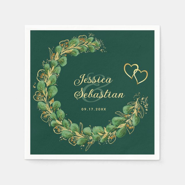 Serviette En Papier Élégant Emerald Green et Gold Eucalyptus Mariage (Devant)