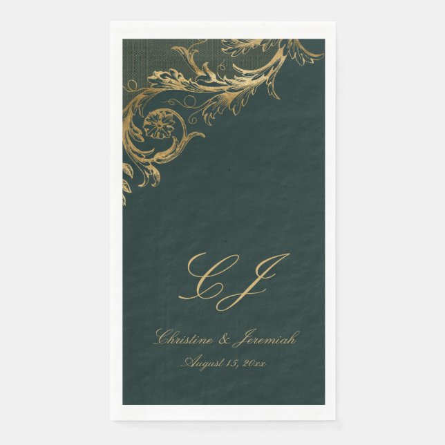 Serviette En Papier Élégant Emerald Green Gold Floral Mariage damassé (Devant)