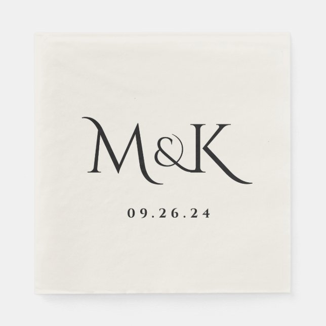 Serviette En Papier Élégant et simple Mariage noir Monogramme (Devant)