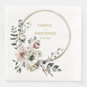 Serviette En Papier Elégant Eucalyptus Blush Blanc Floral Or Frame