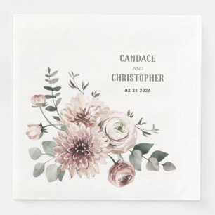 Serviette En Papier Elégant Eucalyptus Blush Rose Ranunculus & Dahlias
