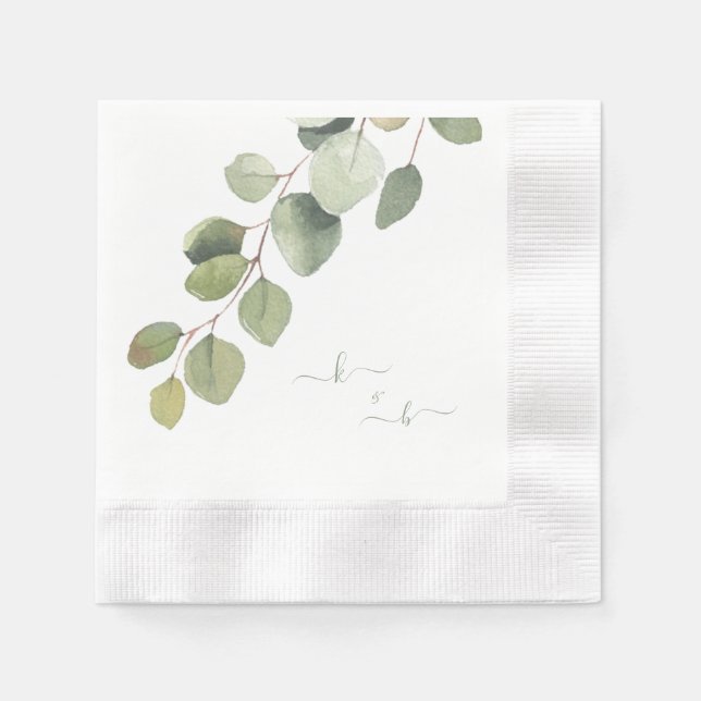 Serviette En Papier Élégant Eucalyptus Couple Initiales Mariage (Devant)