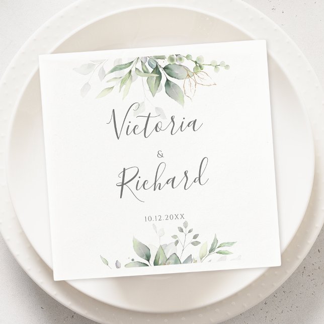 Serviette En Papier Elégant Eucalyptus Feuille Mariage or vert (Créateur téléchargé)