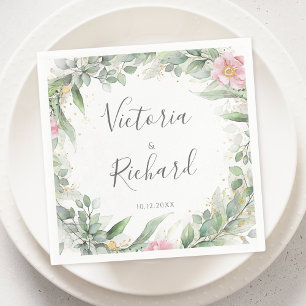 Serviette En Papier Elégant Eucalyptus Feuille Mariage or vert