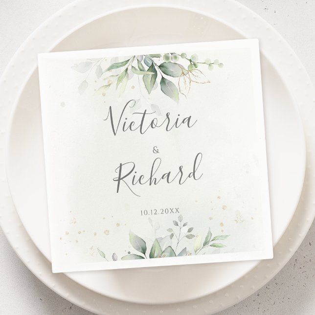 Serviette En Papier Elégant Eucalyptus Feuille Mariage or vert (Créateur téléchargé)