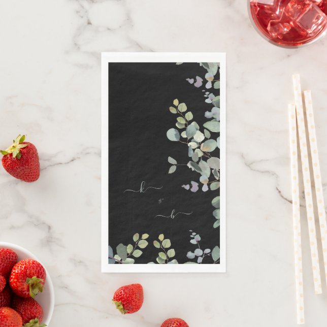 Serviette En Papier Élégant Eucalyptus Initiales Noir (En situation)