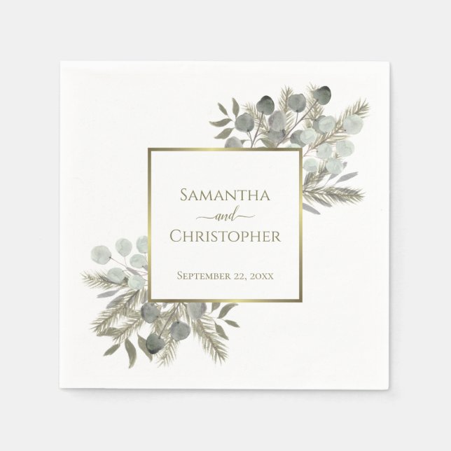 Serviette En Papier Elégant Eucalyptus & Pine Gold & Sage Mariage (Devant)