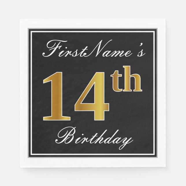 Serviette En Papier Elégant, Faux Gold 14e anniversaire + Nom personna (Devant)