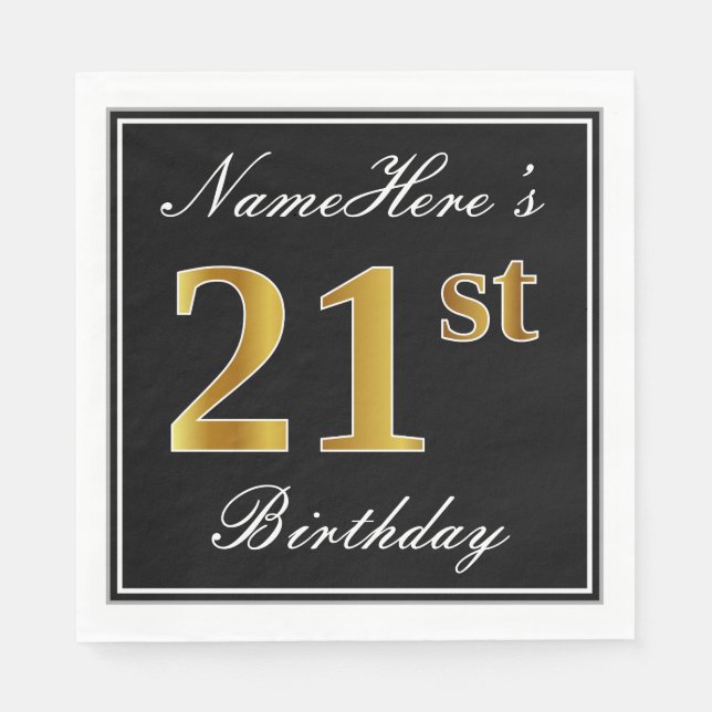Serviette En Papier Elégant, Faux Gold 21e anniversaire + Nom personna (Devant)