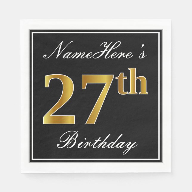 Serviette En Papier Elégant, Faux Gold 27e anniversaire + Nom personna (Devant)