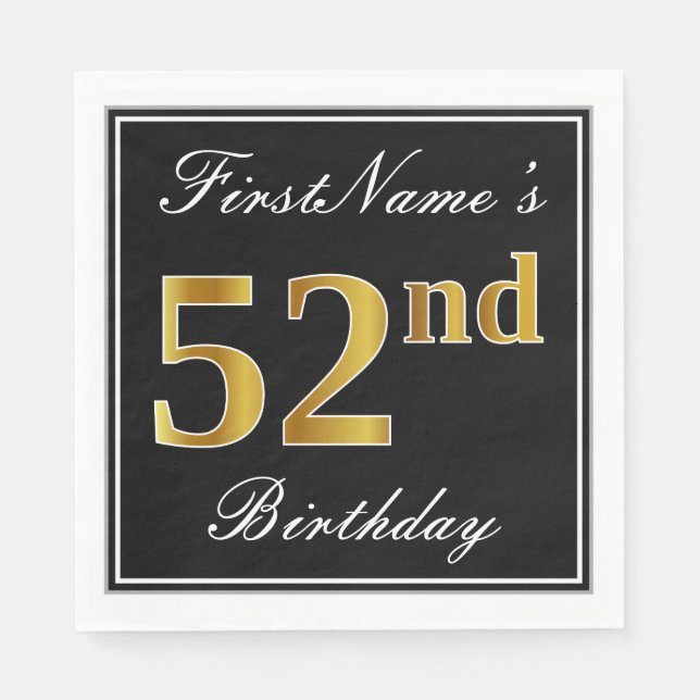 Serviette En Papier Elégant, Faux Gold 52e anniversaire + Nom personna (Devant)