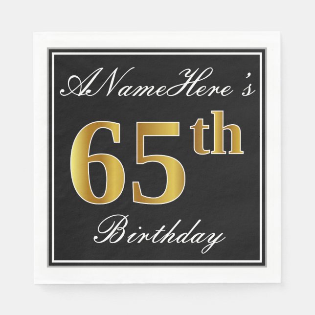Serviette En Papier Elégant, Faux Gold 65e anniversaire + Nom personna (Devant)