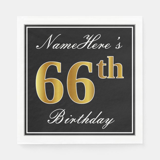 Serviette En Papier Elégant, Faux Gold 66e anniversaire + Nom personna (Devant)