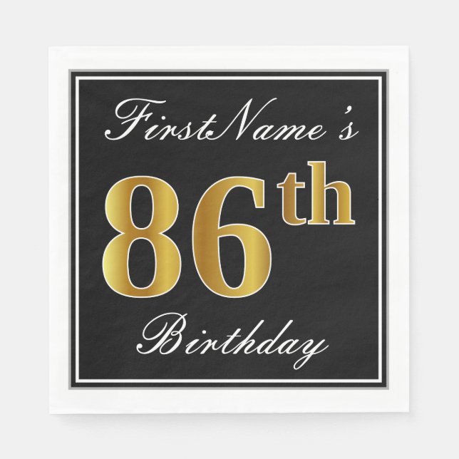 Serviette En Papier Elégant, Faux Gold 86e anniversaire + Nom personna (Devant)