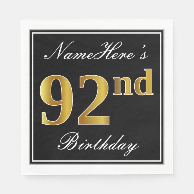 Serviette En Papier Elégant, Faux Gold 92e anniversaire + Nom personna (Devant)
