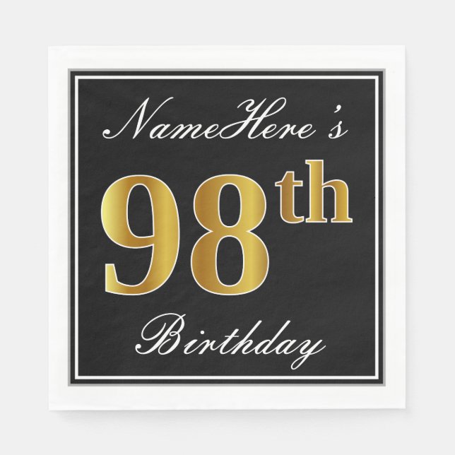 Serviette En Papier Elégant, Faux Gold 98e anniversaire + Nom personna (Devant)