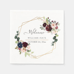 Serviette En Papier Elégant Fleur Blush Bourgogne Eucalyptus Bienvenue