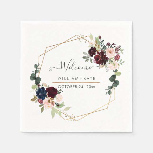 Serviette En Papier Elégant Fleur Blush Bourgogne Eucalyptus Bienvenue (Devant)
