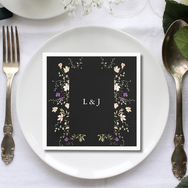 Serviette En Papier Élégant Fleur sauvage noir Mariage floral Napkin (Créateur téléchargé)