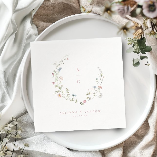 Serviette En Papier Élégant Fleur sauvage Rustic Boho Mariage Monogram (Elegant Wildflower Rustic Boho Wedding Monogram Napkins)