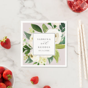 Serviette En Papier Élégant floral blanc Blush Mauve Mariage
