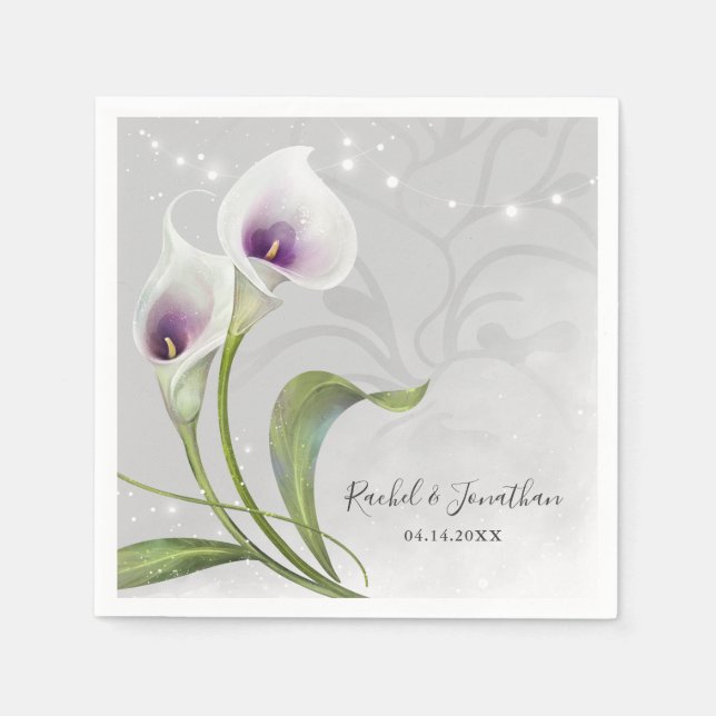 Serviette En Papier Élégant floral blanc et violet Calla Lily Mariage (Devant)