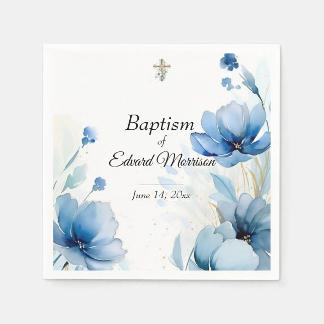 Serviette En Papier Élégant floral Dusty Baptême bleu (Devant)