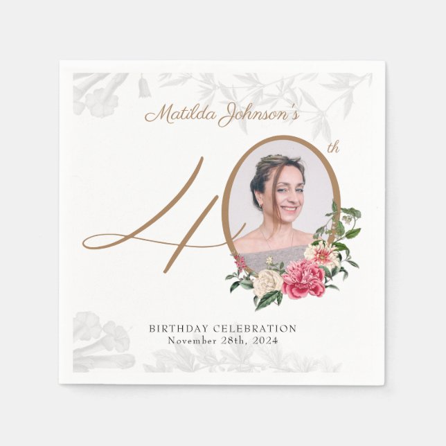 Serviette En Papier Elégant Floral Gold Custom Photo 40e anniversaire (Devant)