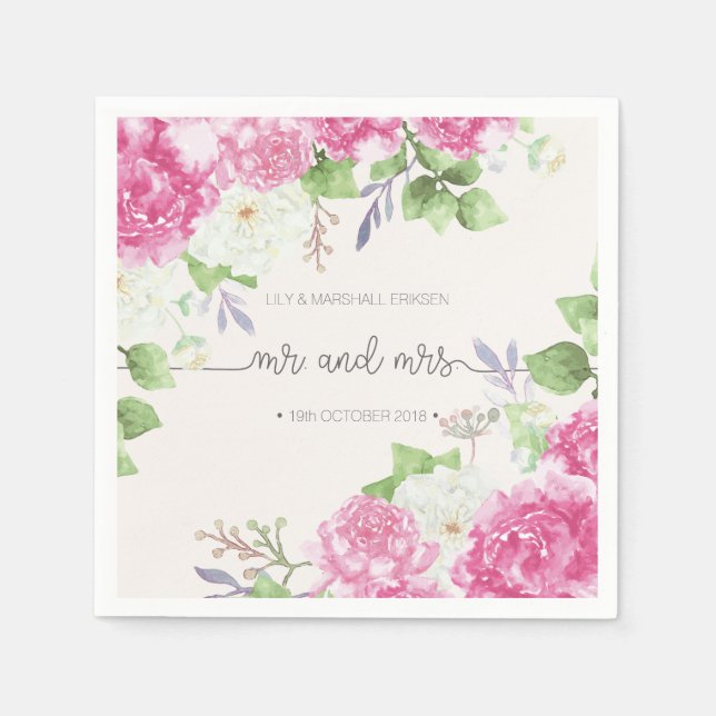 Serviette En Papier Élégant floral M & Mme mariage | Serviette en papi (Devant)