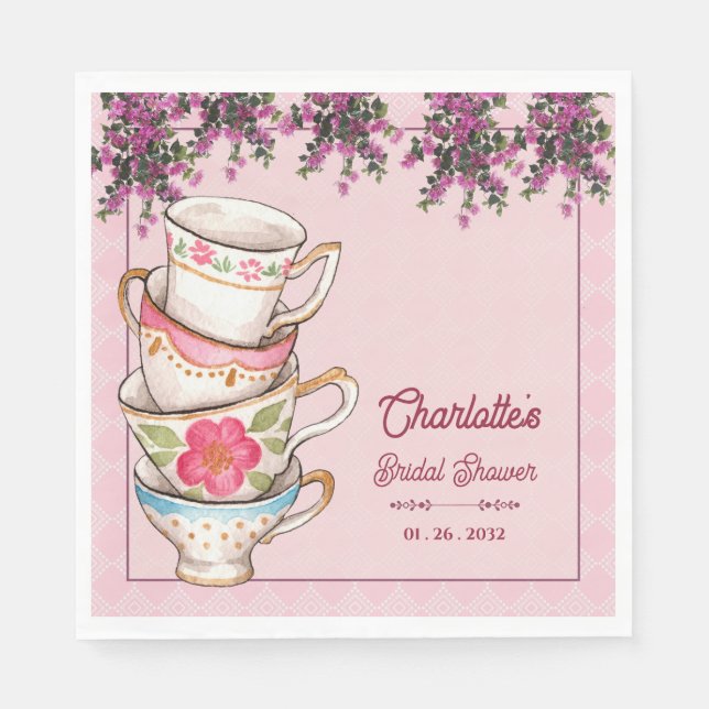 Serviette En Papier Elegant Floral Stacked Teacups Bridal Shower Party (Devant)