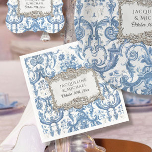 Serviette En Papier Élégant Floral Vintage Bleu et Blanc Mariage Argen