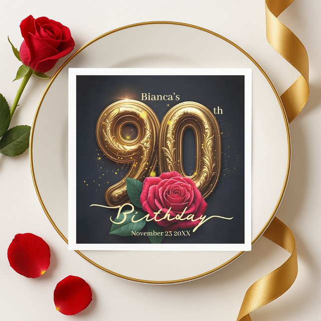 Serviette En Papier Elegant Glimmering Red Rose Gold 90th Birthday  (Créateur téléchargé)