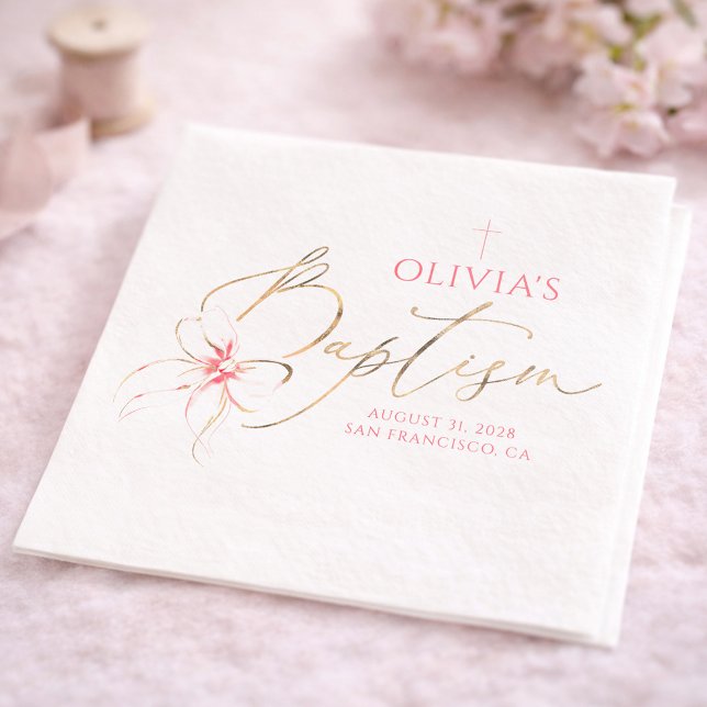Serviette En Papier Elegant Gold and Pink Bow Girl Baptism (Pink Bow Baptism Napkins )